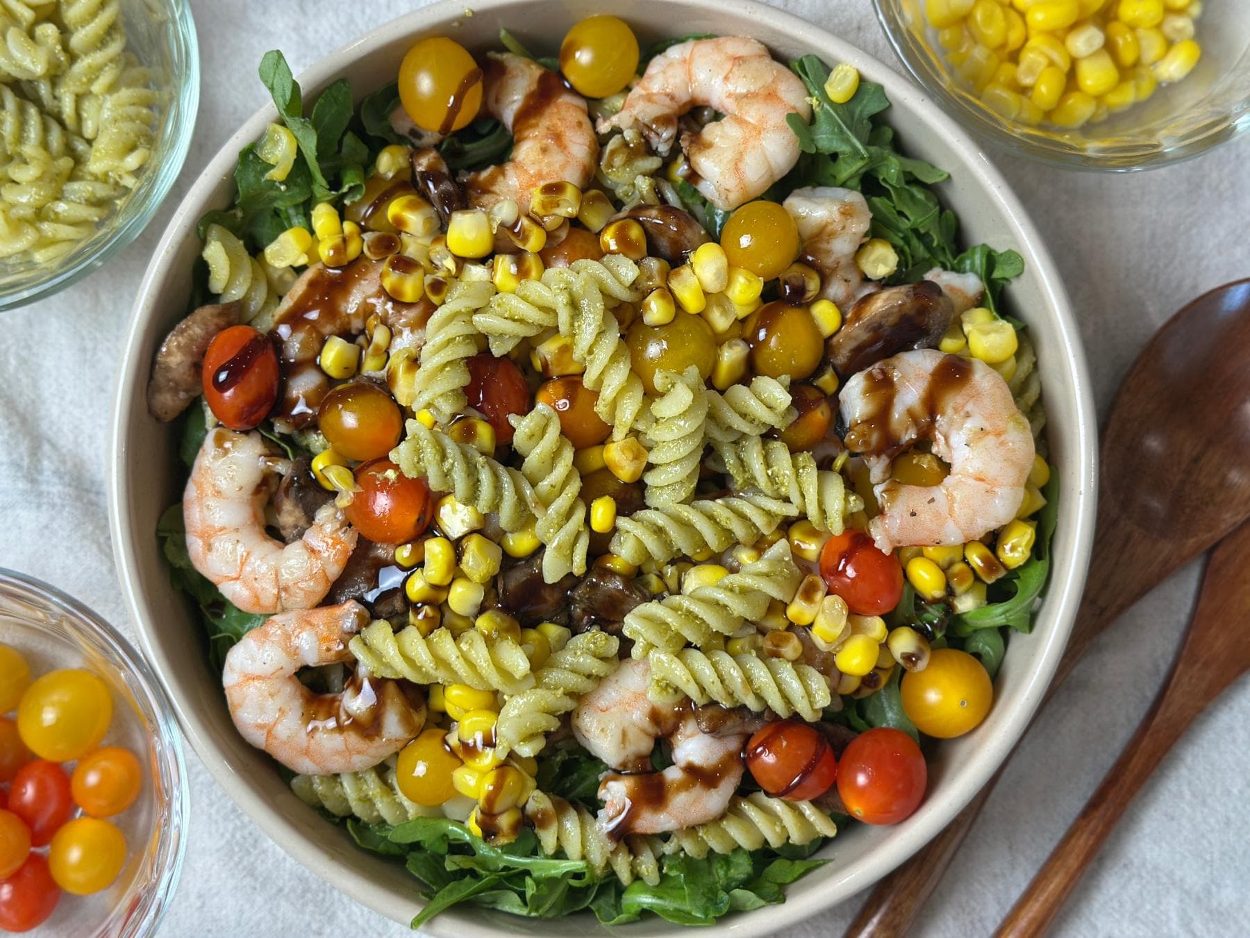 Shrimp Pesto Pasta Salad with Arugula and Balsamic Glaze: Easy Summer Recipe